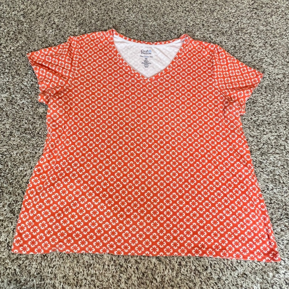 Croft & Barrow‎ Orange White Geometric Floral V-Neck Cotton Classic Tee XXL